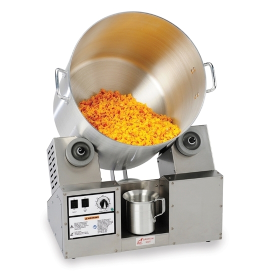 Gold Medal 8 gallon cheese tumbler 2703-00-000 with metal blending pot, cheese popcorn, and glass measure