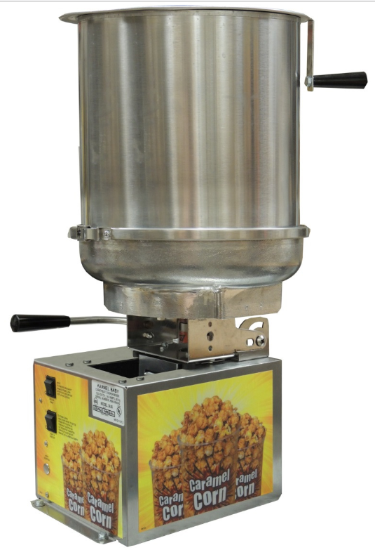 Gold Medal Karmel Baby 2.5 gallon caramel corn cooker mixer #2626 with cast aluminum kettle and right-hand dump