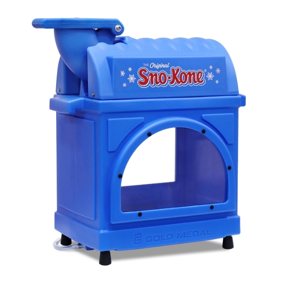 Gold Medal 1888 Sno-King commercial ice shaver with molded blue cabinet and built-in shaved ice storage
