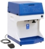 Gold Medal BluBear commercial ice shaver with foot pedal beside its blue-and-white countertop housing