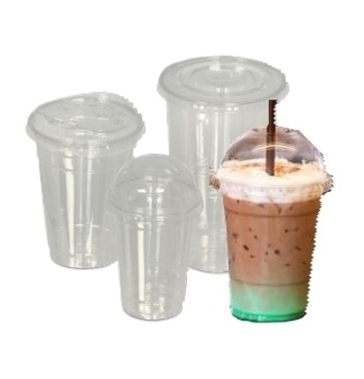 Disposable cold drink cups and lids in clear and translucent plastic for restaurant beverage service
