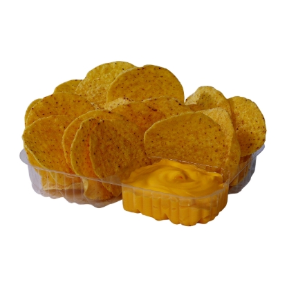 Gold Medal 5246 clear plastic nacho tray for serving chips and cheese separately at concession stands