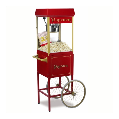 Gold-Medal-2404-FunPop-4-oz.-Popcorn-Machine-on-Red-Cart-2649CR