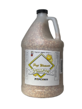 Pop Weaver Gourmet Gold yellow butterfly popcorn kernels in a 1-gallon container for commercial popcorn machines