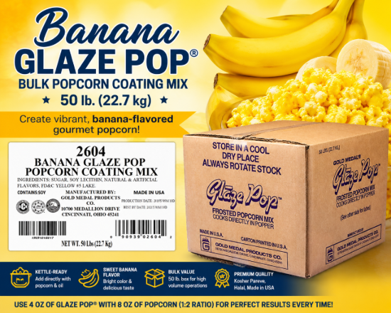 Gold Medal 2604 Banana Glaze Pop® commercial kettle popcorn coating with banana flavor