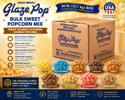 Gold Medal Glaze Pop® Bulk Sweet Popcorn Mix 50 lb box with assorted flavored gourmet popcorn varieties