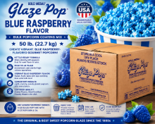 Blue Raspberry Glaze Pop® 50 lb bulk popcorn coating mix with colorful blue gourmet popcorn and fresh raspberries