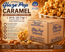 Gold Medal Bulk Caramel Glaze Pop® Popcorn Coating Mix 50 lb box with rich golden caramel gourmet popcorn and caramel drizzle