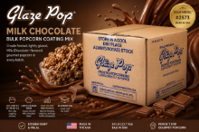 Gold Medal Glaze Pop® Milk Chocolate Popcorn Coating Mix #2573 50 lb bulk box surrounded by milk chocolate and freshly glazed gourmet popcorn.