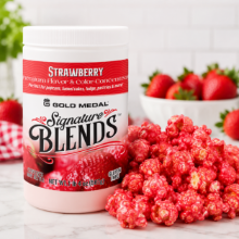 Gold Medal Signature Blends Strawberry flavor and color concentrate with finished strawberry candy-coated popcorn