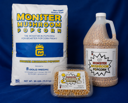 Monster Mushroom Popcorn by Gold Medal shown in bulk bag, gallon jug, and clear kernel container
