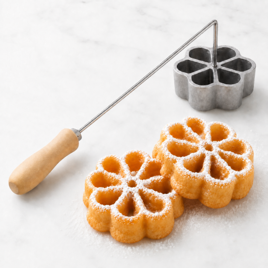 5 inch French waffle rosette mold with handle for commercial concession and festival dessert preparation