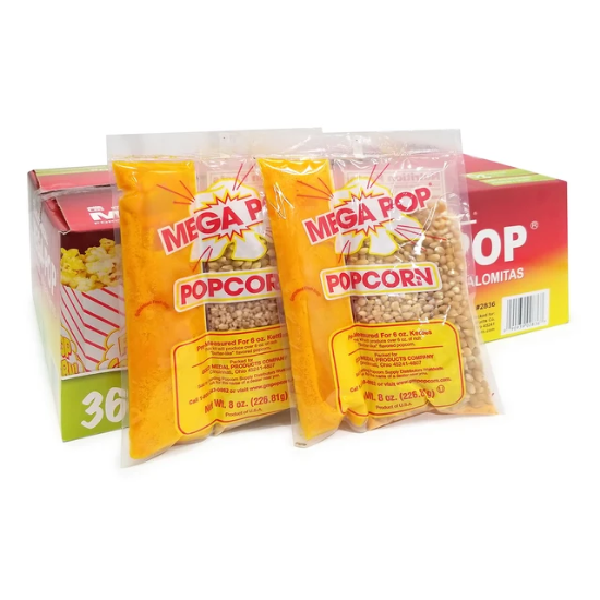 Gold Medal 2836 Mega Pop 8 oz premeasured popcorn kit with coconut oil and seasoning for 6 oz popcorn poppers
