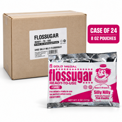 Gold Medal Silly Nilly pink vanilla Flossugar 8 oz. pouch, ready-to-use cotton candy sugar