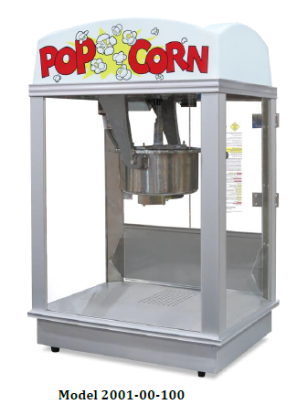 Gold Medal Citation 16 oz popcorn machine with stainless steel kettle, white dome, and popcorn-filled cabinet