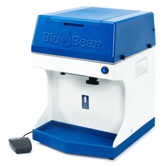 Gold Medal BluBear ice shaver #2747-00-100 in blue and white with attached foot switch for shaved ice service
